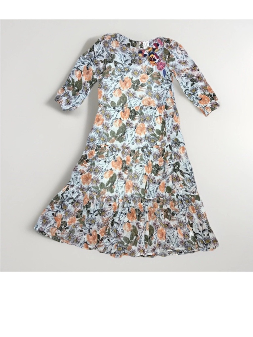Meadow Rue Anthropologie Espalier Embroidered Tunic Chiffon Dress Floral Midi S